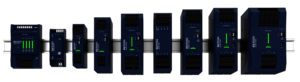 Teaser image RECOM RACPRO1 product news Overview RACPRO1-S and RACPRO1-T DIN-rail power supplies, the RACPRO1-4SP e-Fuse, and redundancy modules,